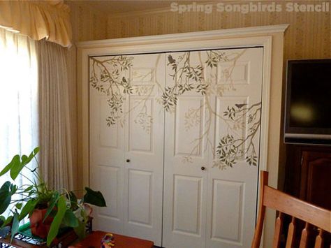 Stencil-Ideas-Spring-Songbirds-Doors Paisley Stencil, Stenciled Doors, Headboard Art, Stenciled Table, Accent Wall Stencil, Creative Closets, Wall Stencil Patterns, Faux Fireplace Diy, Stencil Ideas