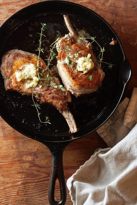 French Cut Bone-in Pork Chops with Garlic Herb Butter · simple artistic cooking Pork Chops Bone In, Bone In Pork Chops, Pork Loin Chops, Garlic Herb Butter, Pork Dinner, Pork Cutlets, French Cut, Simply Delicious, Pork Chop