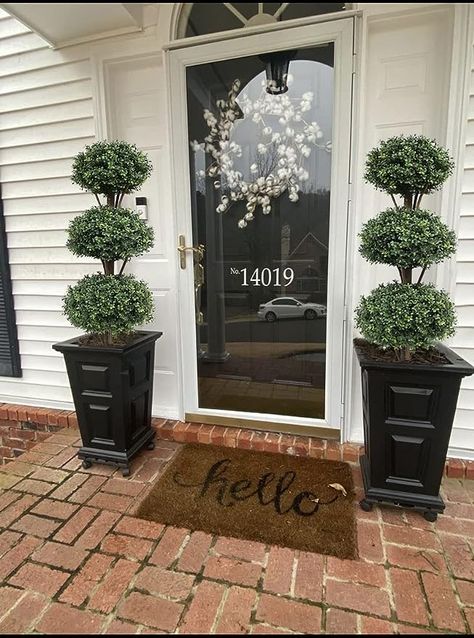 Triple Ball Topiary Front Porch, Topararies Front Porch, Porch Topiary, Boxwood Planters, Wintergreen Boxwood, Faux Outdoor Plants, Outdoor Topiary, Boxwood Plant, Door Bow