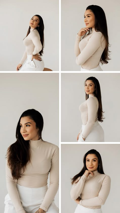 How To Stand In A Group Photo, Professional Poses For Women Standing, At Home Headshots Photo Shoot, Strong Woman Photoshoot, Branding Photoshoot Props, White Background Headshots, Outfits For Headshots For Women, Beauty Brand Photoshoot Ideas, Esthetician Headshot Ideas