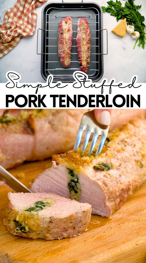 stuffed pork tenderloin raw and cooked with text Spinach Stuffed Pork Tenderloin, Stuffed Pork Roast In Oven, Stuffed Pork Tenderloin Recipes In Oven, Pork Tenderloin Seasoning, Stuffed Pork Loin Recipes Oven, Stuffed Pork Tenderloin Recipes, Pork Tenderloin Recipes In Oven, Pork Roast Recipes Oven, Pork Loin Recipes Oven