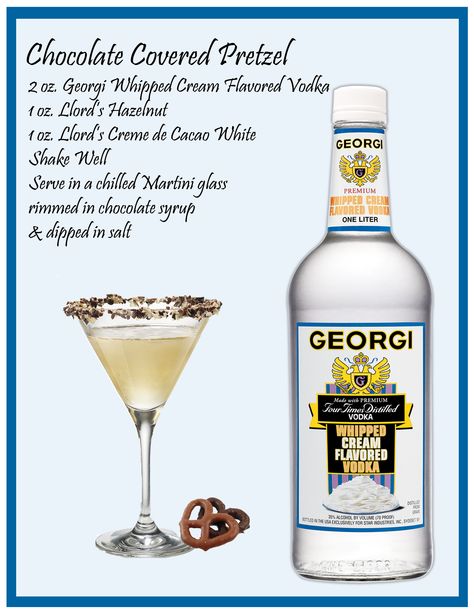 Chocolate Covered Pretzel Martini  Always Drink Responsibly Chocolate Pretzel Martini, Non Alcoholic Chocolate Martini, White Chocolate Peppermint Martini, Chocolate Vodka Martini, Snowflake Martini Vanilla Vodka, Flavored Vodka, Chocolate Covered Pretzels, Soy Sauce Bottle, Party Drinks