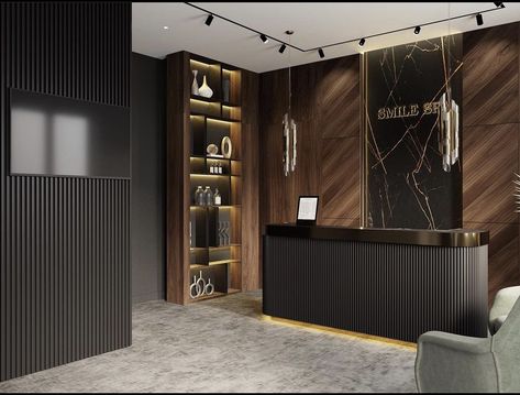 Black And Gold Reception Desk, Dark Reception Desk, Luxury Office Reception Design, Luxury Reception Desks, Front Desk Design, Modern Hotel Lobby, Reception Area Design, Office Reception Design, Luxury Hotels Lobby