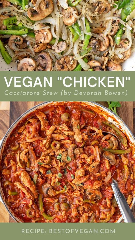 Vegan “Chicken” Cacciatore Stew Chicken Catchatori, Hearty Stew, Soy Curls, Vegan Chicken, Chicken Cacciatore, Soup And Stew, Hearty Stews, Stew Recipe, Chicken Stew