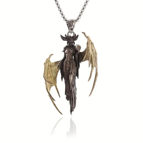 1pc New Fashion Mens Personality Trend Golden Wings Witch Pendant Necklace - Jewelry & Accessories - Temu Goddess Modern, Demon Goddess, Winged Demon, Witch Pendant, Angel Pendant Necklace, Halloween Trends, Angel Devil, Witch Necklace, Golden Wings