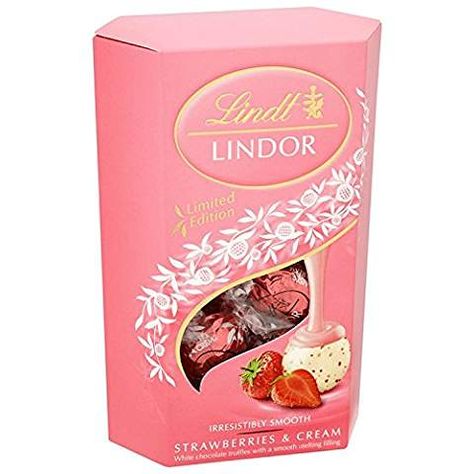 Valentine's Strawberries, Lindt Strawberries And Cream, Strawberry Nesquik, Chocolate Lindt, Valentine Strawberries, Pink Snacks, Strawberry And Cream, White Chocolate Truffles, Lindt Lindor