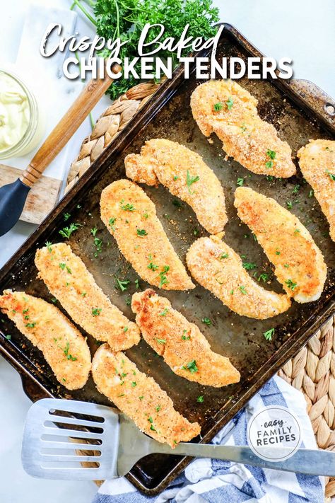 Crispy Baked Chicken Tenders of your dreams! This chicken tender recipe is perfection. The oven baked chicken tenders are coated in an easy breadcrumb mixture and baked at a high heat to make them extra crispy, tender and delicious. This kid friendly recipe is the perfect busy night dinner. Kids love it, but you can also feel good about these healthy chicken tenders. Serve the baked chicken tenders with ranch or honey mustard dipping sauce and pair with a side for a healthy dinner. Best Crispy Chicken Tenders, Easy Recipes With Chicken Tenderloins, Chicken Tenderloin Recipes Oven Baked, Baked Chicken Tenders In Oven, Oven Chicken Tenderloins, Shake And Bake Chicken Tenders, Chicken Tenders In Oven, Chicken Tender Recipes Healthy, Dinner Kids Love