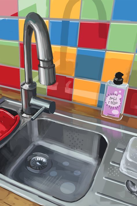 Digital painting of a sink in the kitchen. Leaning Over Sink Reference, Kitchen Sink Photography, Sink Illustration, Dirty Dishes In Sink Art, Sink Painting, Kitchen Sink Illustration, Sink Drawing, What To Paint, Landscape Reference