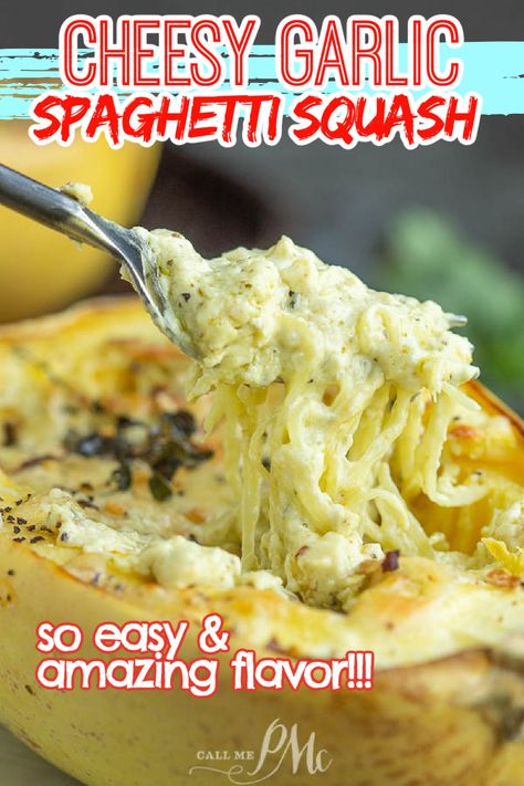 half spaghetti squash with cream cheese and seasoning Cheesy Garlic Spaghetti Squash, Garlic Spaghetti Squash, Baked Spaghetti Squash Recipes, Garlic Parmesan Spaghetti Squash, Cheesy Spaghetti Squash, Parmesan Spaghetti Squash, Cream Cheese Spaghetti, Spaghetti Squash Recipes Healthy, Easy Spaghetti Squash