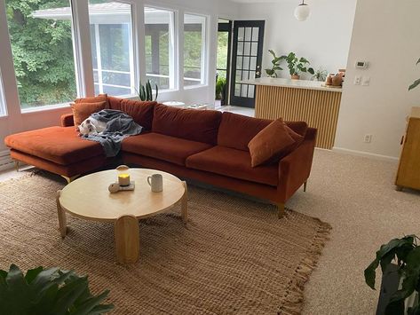 Burnt Umber Couch, Rust Velvet Couch, Rust Couch, Midcentury Modern Living Room, Velvet Sectional, Velvet Couch, Mid Century Modern Living Room, Burnt Umber, Gloomy Day