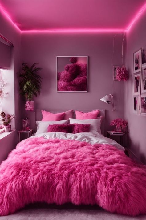 A cozy bedroom adorned with pink boho-inspired decor, providing ideas for creating a serene and stylish bohemian retreat in your living space. #PinkBohoBedroom #BohemianDecor #DreamyRetreat Gray And Hot Pink Bedroom, Magenta Room Ideas, Emerald And Pink Bedroom, Pink Boho Bedroom Ideas, Hot Pink Bedroom Ideas, Hot Pink Bedroom Decor, Bedroom Playlist, Bedroom Interior Aesthetic, Design Small Bedroom Ideas