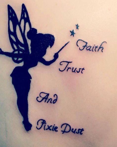 With different words, maybe "laugh, imagine, dream, believe" Fairy Tattoo Designs Simple, Tinkerbell Inspired Tattoo, Tinkerbell Tattoo Meaning, Tinkerbell Wrist Tattoo, Tinker Bell Tattoos For Women, Tinkerbell Tattoo, Tinker Bell Tattoo Silhouettes, Tinkerbell Quote Tattoo, Small Fairy Tattoos