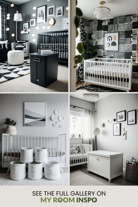 This pin features 4 images showcasing 57 stylish monochrome nursery ideas, highlighting design and decor to create a serene and classy baby room. Perfect for parents seeking modern, gender-neutral options. Modern Baby Boy Nursery, Modern Gender Neutral Nursery, Gender Neutral Decor, Black And White Nursery, Safari Animal Wall Art, Monochrome Nursery, Furniture Selection, Nursing Chair, Nursery Style