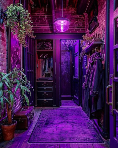 Tour through a Dark Brick Manor 🏠🧱🌿✨️ . . Conjured using a blend of Midjourney AI, Photoshop and Topaz 🧙‍♂️🪄 . . Please be sure to credit… | Instagram Purple Interior Design, Moody Home Decor, Purple House, Townhouse Interior, Purple Bedrooms, Neon Room, Magical Home, Purple Interior, Purple Home