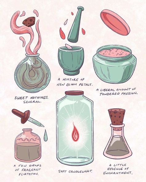 Love Spell Potion, Love Potion Ingredients, How To Make A Love Potion, Potion Making Aesthetic, Love Potion Aesthetic, Love Spell Aesthetic, Romance Spell, Potions Ingredients, Ingredients Illustration