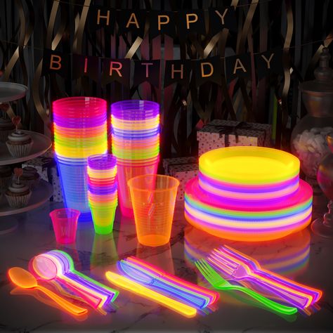 Type Size Qty Design/Color Plates 9 inches 60 Assorted Neon Plates 7 inches 60 Assorted Neon Forks – 60 Assorted Neon Knives – 60 Assorted Neon Soup Spoons – 60 Assorted Neon Cups 12 oz. 60 Assorted Neon *This tableware set requires UV black light to glow. Glow In The Dark Wiffle Ball, Neon Birthday Activities, Neon Bat Mitzvah Theme, Neon Graduation Party Ideas, Neon Party Food Ideas, Kids Glow Party Ideas, Neon Party Table, 2000s House Party, Neon Prom Theme