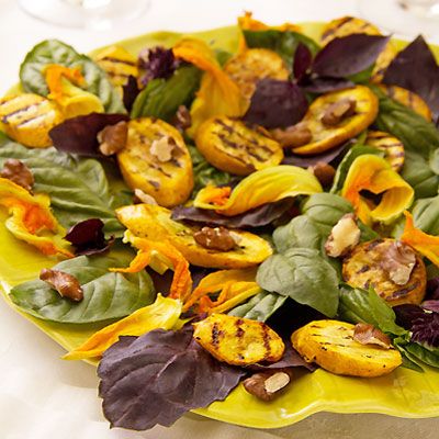 Purple Basil & Grilled Summer Squash Salad with Walnuts Purple Basil Recipe, Produce Calendar, Summer Squash Salad, Salad With Walnuts, Purple Basil, Basil Salad, Basil Recipes, Squash Salad, Seasonal Produce