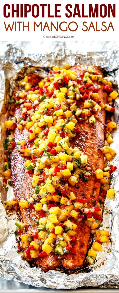 EASY Baked Chipotle Salmon with Mango Salsa (VIDEO!) Salsa Salmon, Salsa Video, Salmon With Mango Salsa, Chipotle Salmon, Recipes Mango, Salmon With Mango, Mango Salsa Salmon, Salmon Recipes Pan Seared, Salmon Recipes Baked Healthy