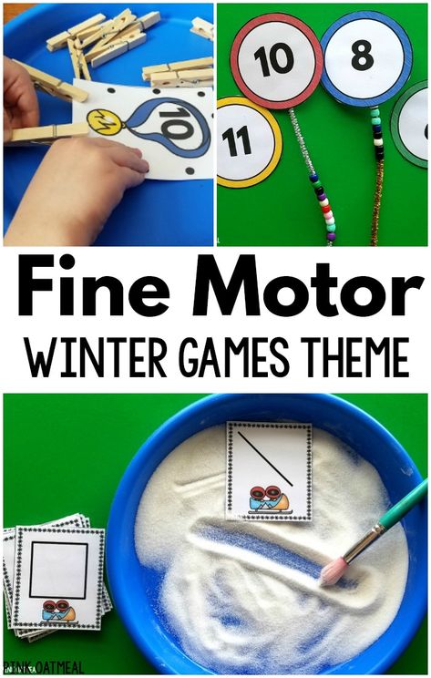 Winter Games Fine Motor Activities - Pink Oatmeal Fine Motor Activities For Kindergarten, Fine Motor Activities For Babies, Winter Fine Motor Activities, Winter Sports Preschool, Winter Fine Motor, Winter Olympics Activities, Preschool Olympics, Pink Oatmeal, Lounge Inspiration