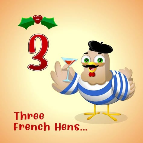 The 12 days of christmas - 3-rd day - th... | Premium Vector #Freepik #vector #cartoon-art #cartoon-illustration #funny-christmas #chicken-mascot 12 Days Of Christmas Pictures, Three French Hens Christmas, 12 Days Of Christmas Illustration, 3 French Hens, Four Calling Birds, Chicken Mascot, Three French Hens, French Hens, Christmas Chicken