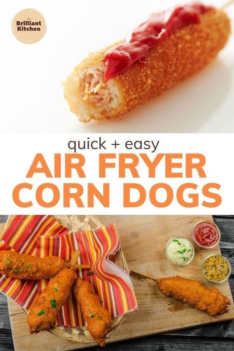 Corn dogs are a delicious treat. In the past, this meant frying them in oil and watching as they turn brown from being deep fried. Air fryers have changed all that! Now you can enjoy your favorite corn dog without worrying about the fat content or calories of traditional cooking methods. Try out these air fried corn dogs with your family for dinner tonight! Check out the recipe at www.thebrilliantkitchen.com | lunch recipes Air Fryer Korean Corn Dogs, Corn Dog Air Fryer, Sir Fry Recipes, Air Fryer Corn Dogs, Air Fried Corn, Korean Corn Dog Recipe, Fair Recipes, Air Fryer Corn, Homemade Corndogs