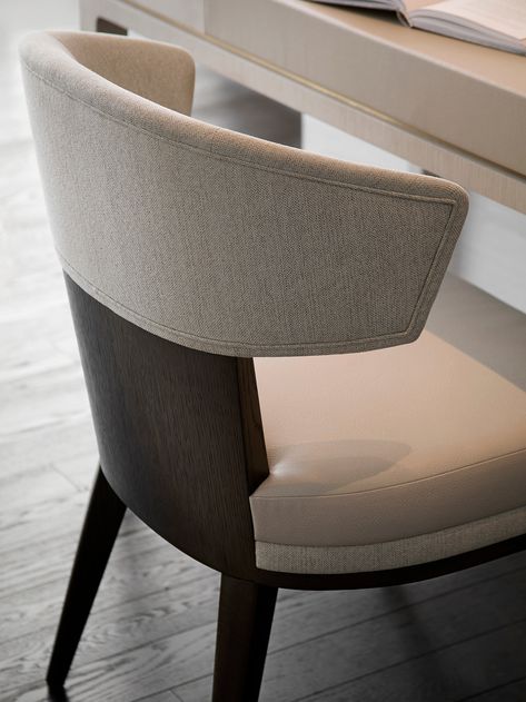 Defined by its shape and exquisite materiality the Abel Dining Chair is guaranteed to elevate your aesthetic. The Abel Dining Chair is a versatile piece, perfect for dining rooms, studies, or even as an occasional piece. This modern yet timeless design exudes sophistication, with an elegantly curved back, formed from a rich, dark stained oak and an upholstered soft fabric backrest. The faux leather seat pad and contrasting fabric seat base elevate its contemporary aesthetic. Each chair is built Dining Chair Contemporary, Chair Styling, Laura Hammett, Luxury Dining Chair, Stained Oak, Indoor Chairs, Contemporary Dining Chairs, Ottoman Coffee Table, Homewares Shop