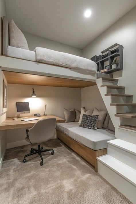 29 Loft Beds for Small Rooms: Stylish Solutions for Small Bedrooms 18 Bed On Bottom Desk On Top, Loft Bed For Small Rooms Teenagers, Elevated Bed Ideas For Small Rooms, High Beds Ideas, Under Bed Desk Ideas, Bed Area Decor, Architecture Room Ideas, Desk Under Bed Ideas, Modern Bunk Beds With Study Table