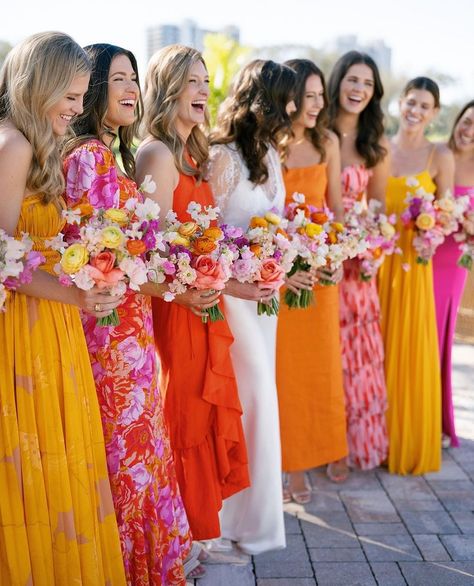 Sunset Colors Bridesmaid Dresses, Summer Bridesmaid Colors, Citrus Wedding Bridesmaids, Colorful Mismatched Bridesmaid Dresses, Citrus Wedding Color Palette, Mismatched Bridesmaid Dresses Summer, Tropical Wedding Bridesmaid Dresses, Bridesmaids Colors Summer, Bright Pink Bridesmaid Dresses