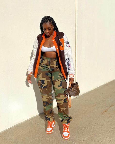 𝐓𝐀𝐋𝐈𝐓𝐇𝐀 𝐉𝐀𝐍𝐄 on Instagram: “beauty fades, drip is forever🤞🏾 jacket from @thejawnedcollection” Kelis Fashion, Dallas Outfits, Varsity Jacket Brown, Camo Fits, Cargo Fashion, Certified Lover Boy, Champagne Papi, Plus Size Baddie Outfits, Lover Girl