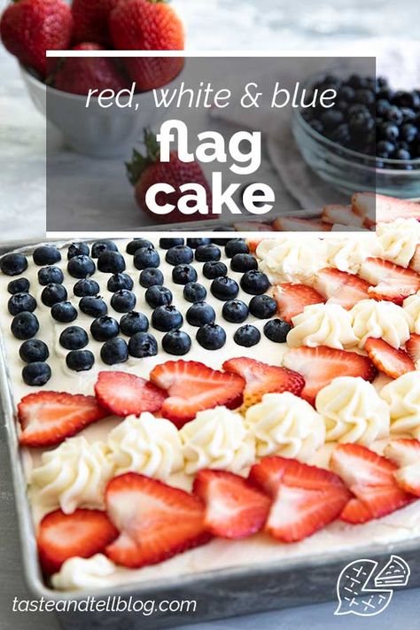 Perfectly festive, this Flag Cake consists of a delicious vanilla cake topped with buttercream and fruit for the perfect red, white and blue dessert. #recipe #cake #memorialday #4thofjuly #redwhiteblue #flag Flag Cake Recipe, Easy Baked Beans, Holiday Entertaining Food, Flag Cake, Patriotic Desserts, Blue Desserts, Recipe Cake, Holiday Favorite Recipes, Homemade Hamburgers