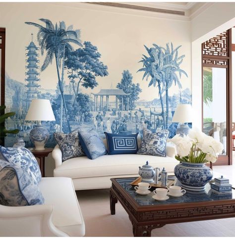 French Mural, Blue Wallpaper Living Room, Blue Chinoiserie Wallpaper, California Decor, Scenic Wallpaper, Blue Chinoiserie, Blue White Decor, Chinoiserie Wallpaper, Mural Wall