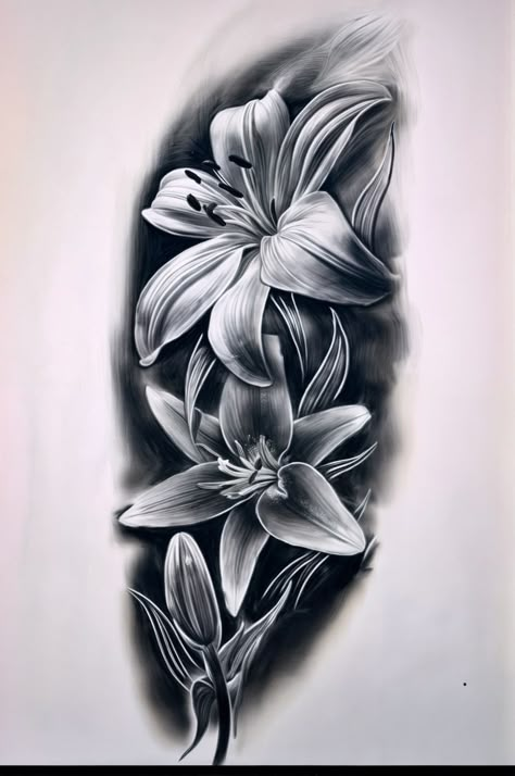 Lillie’s Tattoo Design, Geometric Lily Tattoo, Tattoos Of Lily Flowers, Lily Tattoo Design For Men, Gothic Lily Tattoo, Sunflower Lily Tattoo, Flower Tattoos Stencil, Lilies Tattoo Design, Lily Flowers Tattoo