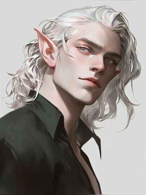 Silver Hair Character Art Male, White Haired Man Art, Dnd Elves, Male Elf, Elf Man, Short White Hair, Fantasy Demon, Half Elf, Elf Art