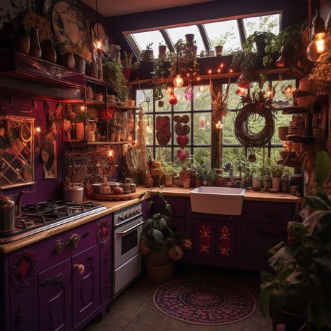 Whimsical Goth Kitchen, Whimsigoth Kitchen Aesthetic, Whimsigoth Kitchen Decor, Witchy Tiny House, Whimsigoth House Exterior, Whimsy Goth Kitchen, Whimsigoth Dining Room, Whimsigoth Home Decor, Witchy House Aesthetic