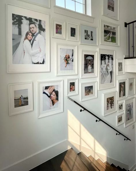 Picture Ideas For Stairway, Stairs Wall Photo Ideas, Pictures Down Stairwell, Stairwell Wall Decor Ideas, Staircase Picture Wall, Stairway Photo Wall, Staircase Wallpaper Ideas, Stairwell Gallery Wall, Stairway Picture Wall