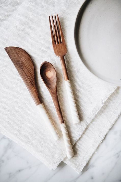 Connected Goods Olive Wood Appetizer Serving Set | Anthropologie Utensils Photography, Wooden Flatware, What The Fork, Wild Olive, Wood Utensils, Wooden Kitchen Utensils, Eating Utensils, Carved Bone, Wooden Utensils