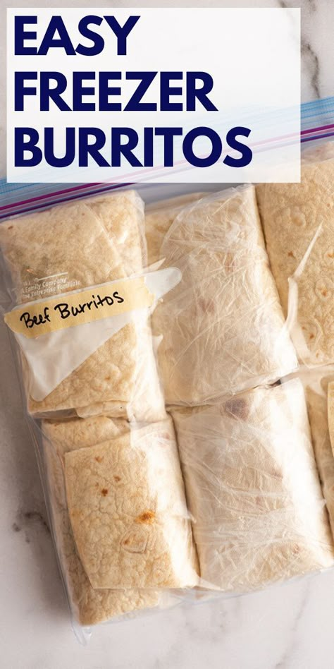 Easy Freezer Lunch Ideas, Ground Beef Freezer Burritos, Freezer Friendly Wraps, Burritos For Freezing, Tortilla Freezer Meals, Easy Freezer Burritos, Make Ahead Chicken Burritos Freezer Recipes, Freezer Beef Burritos, Sandwich Freezer Meals