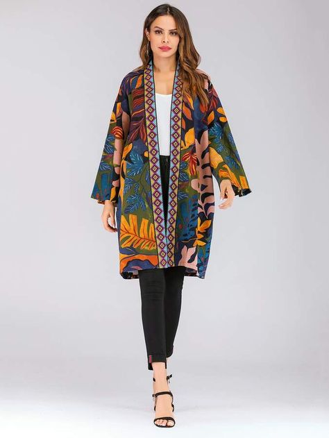 Shein Graphic Print Open Front Kimono Kimono Styles, Short Sleeve Kimono, Open Front Kimono, Plus Size Kimono, Mode Kimono, African Dresses Modern, Chiffon Kimono, Trendy Dress Outfits, Cover Beachwear