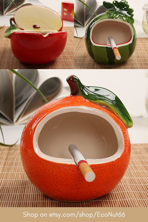 These cute ashtrays are perfect additions to your home/office/room. They remind you of eating fruits to stay healthy! #ceramicashtray #ashtray #smoking #smoker #outdoorashtray #stylishashtray Outdoor Ashtray, Home Office Room, Pretty Decor, Cute Fruit, Ceramics Ideas Pottery, Office Room, Ashtrays, Stay Healthy, Pottery Painting