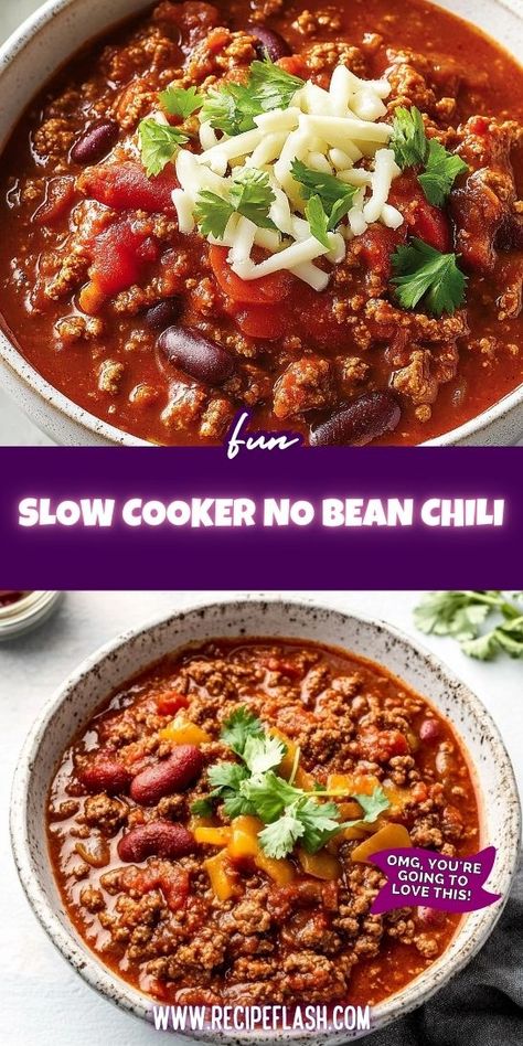 Looking for a hearty meal that’s easy to prepare? This Slow Cooker No Bean Chili Recipe is packed with flavor and perfect for busy nights. Save this delicious chili recipe for a comforting dinner that will warm your soul and impress your guests! Chili Beans Crockpot, No Bean Chili Recipe, Chili With Ground Beef, Delicious Chili Recipe, Beans In Crockpot, Comforting Dinner, Bean Chili Recipe, Chili Recipe Crockpot, Crockpot Chili