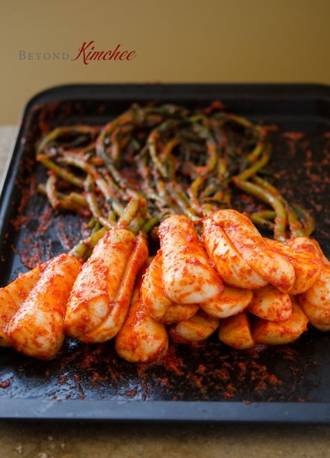 Bachelor Kimchi (Ponytail Radish Kimchi) | Beyond Kimchee Kimchi Recipes, Korean Chili Flakes, Radish Kimchi, Anchovy Sauce, Holiday Appetizers Easy, Kimchi Recipe, K Food, Korean Dishes, Holiday Appetizers