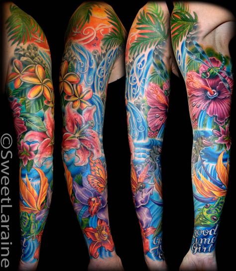 Flowers of Hawaii - Full-Sleeve Tattoo, Another birght and beautiful full-sleeve tattoo.  This one has flowers (hibiscus. orchides, starlilies, plumerias  butterflies...), thees are so beautiful you can almost smell them. Tropical Flower Tattoos, Aztec Tattoos Sleeve, Hawaiian Flower Tattoos, Tropical Tattoo, Mangas Tattoo, Aztec Tattoo, Hawaiian Tattoo, Flower Sleeve, Flower Tattoo Sleeve