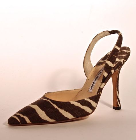 FC0252, sling back pump with stiletto heel, one of pair in zebra print textile, by Manolo Blahnik, made in Italy, early 2000s Manolo Blahnik 2000s, Heels 2000s, Sling Back Heels, Animal Instinct, Manolo Blahnik Shoes, Sling Back, Nice Things, New Leaf, Women's Footwear