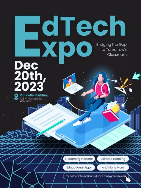 This poster for educational technology exhibition event that can edit with canva website. So if you want to use this design, please kindly move to canva website with this link that we add on this post. Technology Event Poster, Futuristic Pubmat, Tech Poster Design Inspiration, Technology Poster Design Inspiration, Tech Event Poster, Poster Teknologi Digital, Creative Event Poster, Tech Poster Design, Technology Poster Design