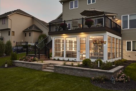 3 Season Porch Under Deck, Screened In Porch With Balcony Above, 2 Story Deck With Screened In Porch, Upper Deck Ideas Second Story Screened In Porch, Screen Porch Under Deck Ideas, Decks Over Walk Out Basement, Screen Room On Deck, Walk Out Deck Ideas, Sunroom Under Deck