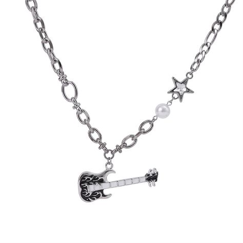 Chain Length: Approximately 48cm  Extension Chain: Approximately 6cm  This price is for a necklace only, others are not included. Cool Pendants Necklaces, Jewellery Silver Necklace, Swaggy Accessories, Emo Necklace, Collares Aesthetic, Necklace Grunge, Grunge Necklace, Guitar Pendant, Silver Guitar