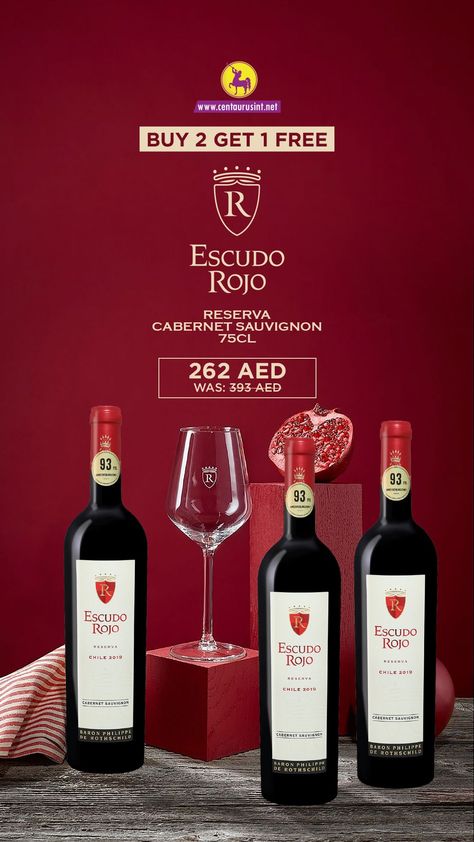 Discover the taste of Escudo Rojo Reserva Cabernet Sauvignon, which comes from the Maipo Valley. Buy 2 75Cl bottles and get 1 FREE, only for 262 AED. Hurry and take advantage of this offer now! Must be 21+. Please drink responsibly. . . . . #centaurusinternational #dubaidrinks #mydubai #RAK #dubaiparty #dubaiparties #dubailiquorstore #dubailife #escudorojo #CabernetSauvignon #redwine #chilleanwines Wine Billboard Design, Drink Responsibly Poster, Buy 2 Get 1 Free Posters Design, Buy 2 Get 1 Free Posters, Buy 1 Get 1 Free Design Poster, Alcohol Facts, Banner Inspiration, Wine Alcohol, Menu Food