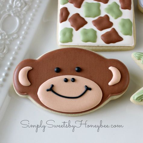 Monkey cookie by Simply Sweets by Honeybee Insect Cookies, Monkey Cookies, Monkey Birthday Parties, Safari Cookies, Monkey Cake, Safari Cakes, Baking Inspiration, King Birthday, Sugar Cookie Designs