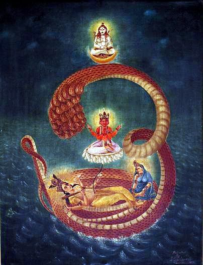 There is an ocean at the bottom of each material universe. A huge form of Vishnu reclines on Sesha Naga, an expansion of Himself. His wife Laxmi, also part of Him, massages His feet. From Vishnu (goodness) comes Brahma who begins creation (passion) within the universe. Each universe also has a Shiva, part of Vishnu combined with matter (ignorance), allowing those who live in that mode to worship God. OM, the sound of Vishnu's conch shell, is shown by Sesha Naga's form. साईं बाबा, Lord Vishnu Wallpapers, Hinduism Art, Vedic Art, Hindu Mythology, Shiva Art, Lord Shiva Painting, Indian Paintings, Lord Krishna Images