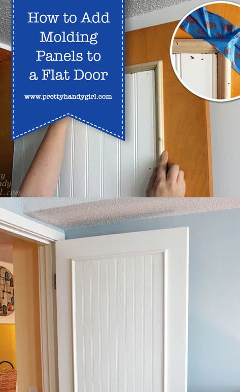 How to Add Molding Panels to a Flat Door | Pretty Handy Girl Flat Panel Door Makeover, Hollow Door Makeover, Interior Doors Diy, Hollow Core Door Makeover, Interior Door Makeover, Door Molding Kit, 6 Panel Interior Doors, Farmhouse Interior Doors, Flat Doors